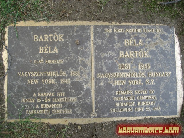 Gravestone of Bela Bartok (1881 - 1945) at Ferncliff Cemetary in Hartsdale, NY